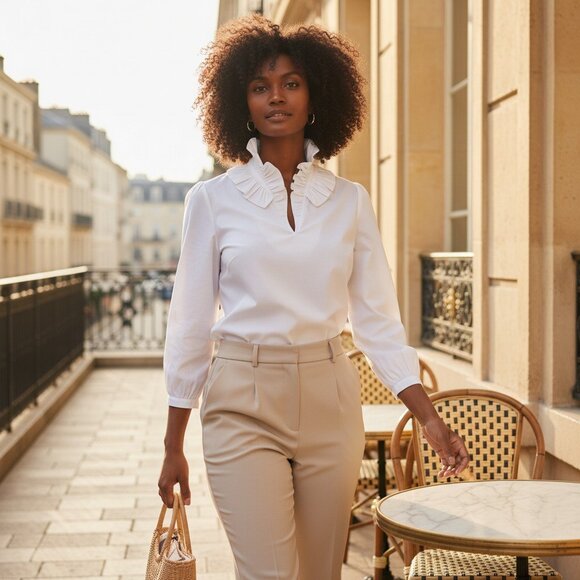 Tuckernuck Tops - Tuckernuck Bouvier Blouse White Poplin Ruffle Neck NWT Size L